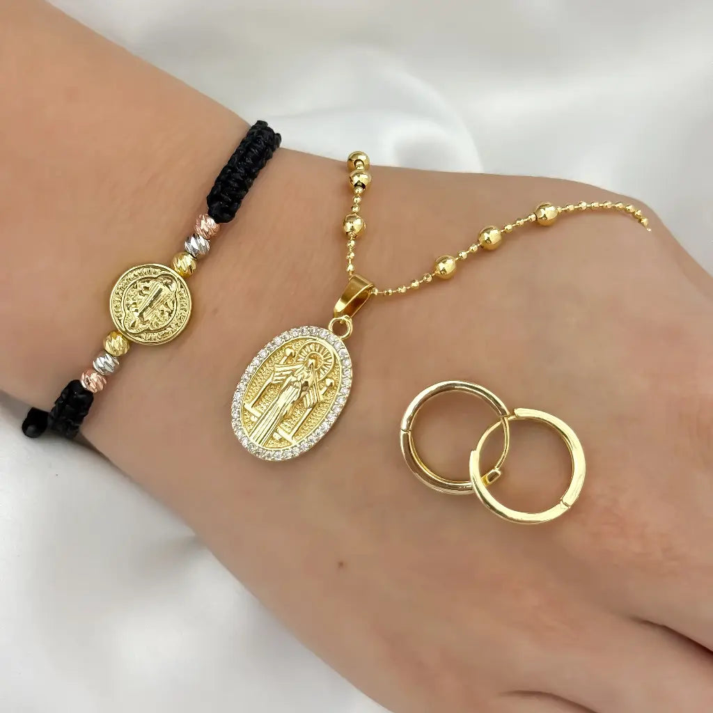 Conjunto San Benito cadena + Pulsera San Benito + Candongas en Oro laminado 18k con Garantia de por vida