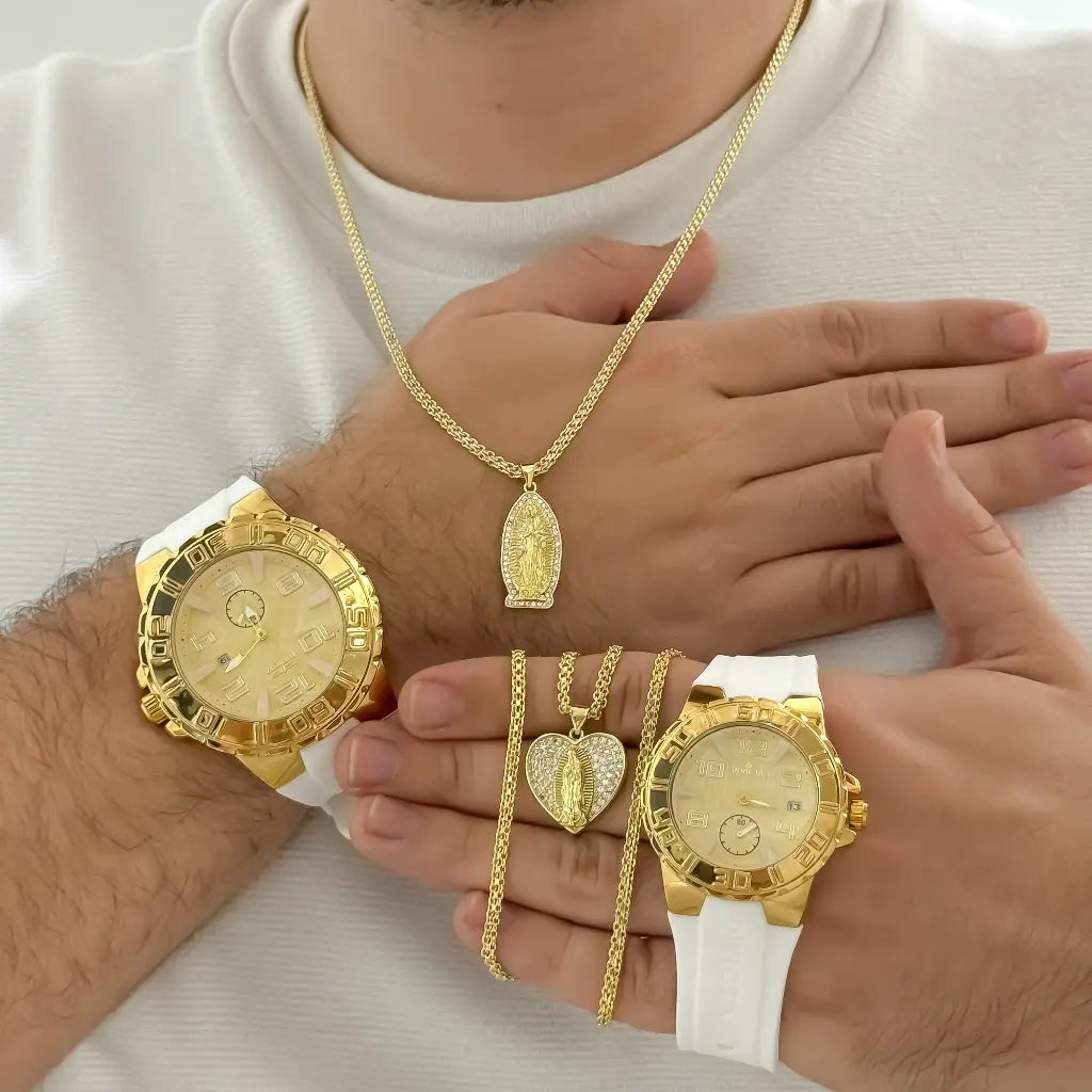 Juego de Cadenas para Parejas  Tejido Chino Hombre 60cm + Dama 45cm + Dije de Virgen Guadalupe Proteccion en Oro Laminado 18k con Garantia de por vida  + Reloj Invicta de parejas  con Garantia