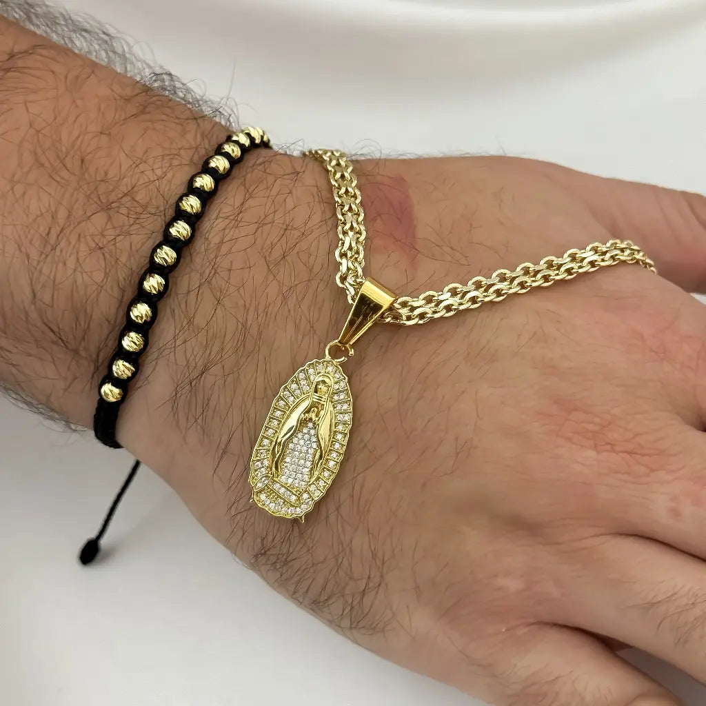 Conjunto Cadena Tejido Chino 60cm -5mm de Grosor + Virgen Guadalupe con Circones + Pulsera Balin italiano 5mm en  Oro Laminado 18k con Garantia de por vida