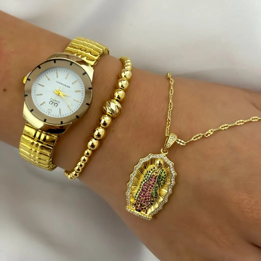 Cadena Tejido Crispeta + Virgen Guadalupe Talla con Micro Circones + Pulser Full Balines 4mm  en Oro Laminado 18k + Reloj de Dama Alta Gama Q&Q con Garantia de por vida