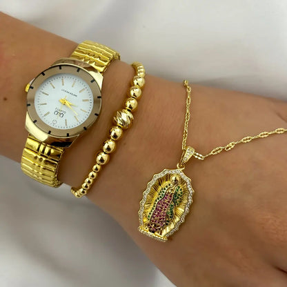 Cadena Tejido Crispeta + Virgen Guadalupe Talla con Micro Circones + Pulser Full Balines 4mm  en Oro Laminado 18k + Reloj de Dama Alta Gama Q&Q con Garantia de por vida