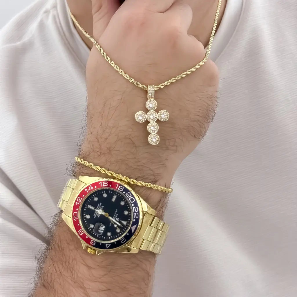 Cadena Tejido Lazo de Hombre de 60cm de 3mm de Grosor + Cruz Cristo con Circones Cristales de Pidras swarosky +Pulsera Lazo de 20cm de 3mm Grosor en oro Laminado |18k con Garantía de por vida  + Reloj Rolex de Alta Gama con Garantia