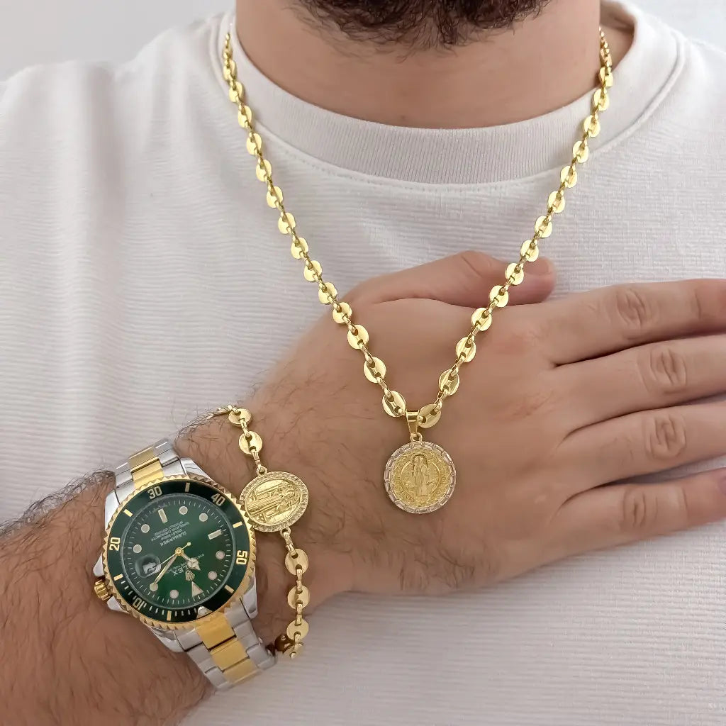 Juego de cadena Tejido Gucci de hombre 60cm + Dije San Benito Proteccion + Pulsera de san Benito Tejido Gucci Proteccion de toda las malas Energia en Oro Laminado 18k con Garantia de por vida + Reloj Rolex de alta Gama