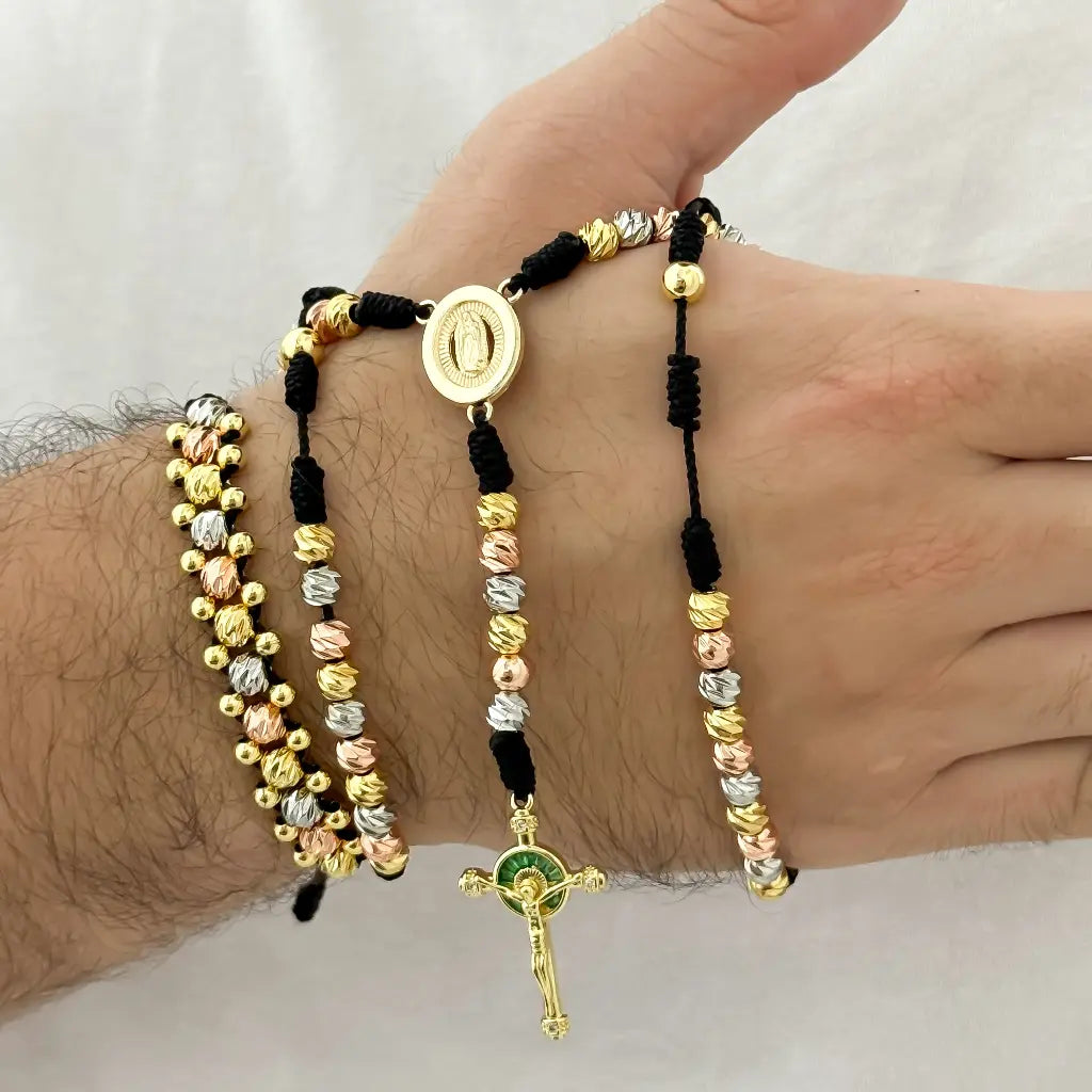 Camandula de 3 Oros Balin 6mm + Pulsera 3 carriles en 3 oros Balin Oro Laminado 18k con Garantia de por vida