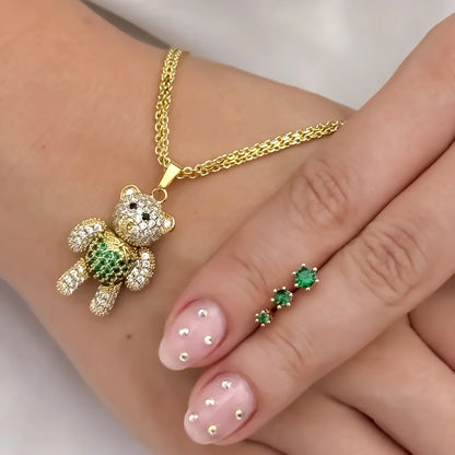 Cadena Tejid Chino de Dama de 45CM + Oso Articulado Circones  Verde Esmeralda +Trio de Topos Verde Esmeralda Pequeño Mediano y Grande en Oro Laminado 18k con Garantia de por vida