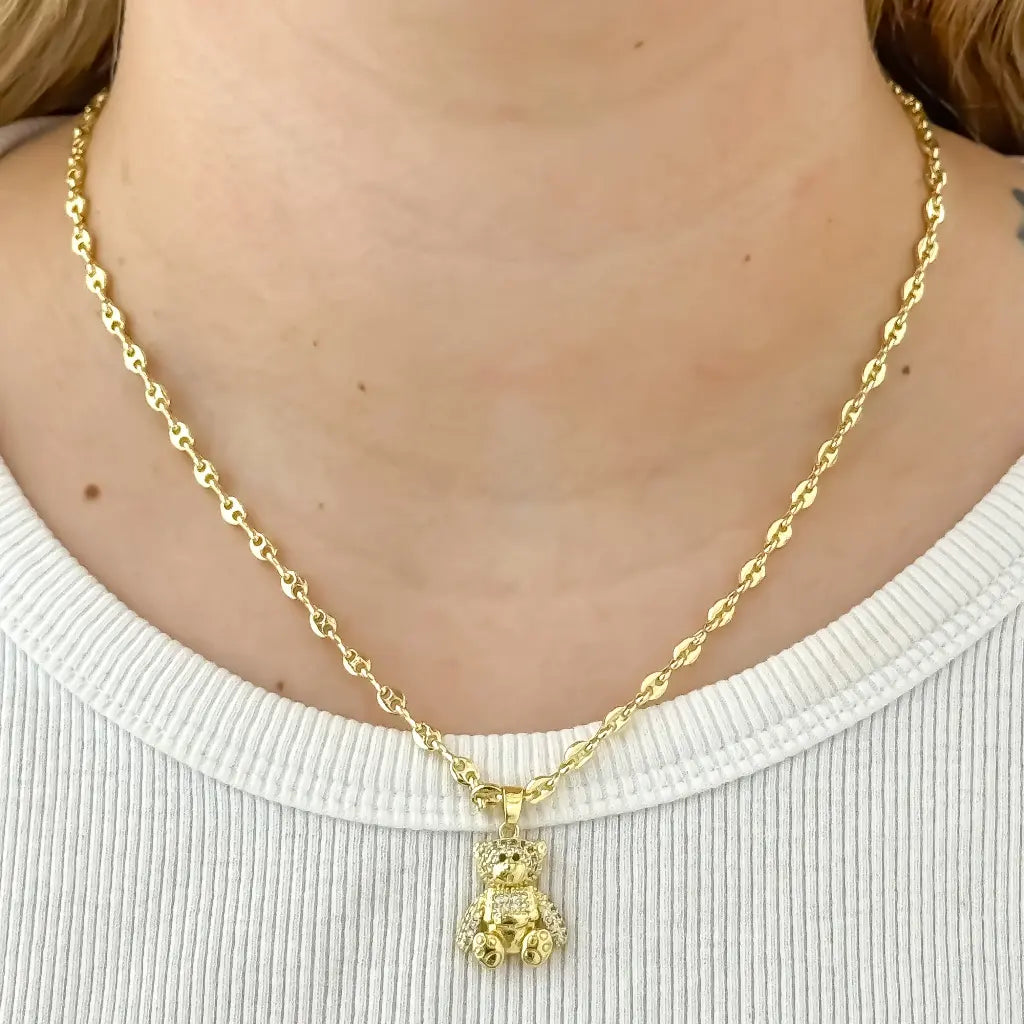 Cadena Tejido Gucci de 45cm/3mm de Grosor + Oso Tedy con circones en Oro de 14k