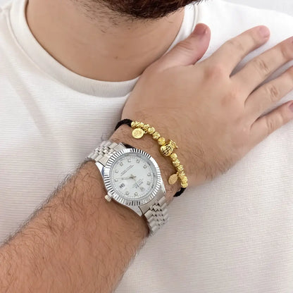 Manilla Abundancia Y Proteccion de San Miguel y San Benito  Balin italiano de 4mm con bolsa de dinero en Oro Laminado 18k con Garantia de por vida + Reloj de Alta Gama en oro laminado 18k con garantia de por vida