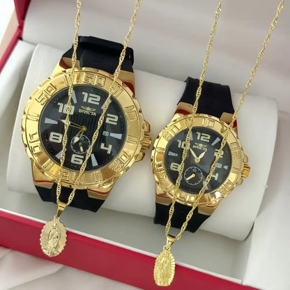 Juego de Cadena para Parejas Tejido Singapur Virgen de Guadalupe Dama de 45cm + Hombre de 60cm  + Reloj de Parejas Invicta en Oro Laminado 18k con Garantia de por vida