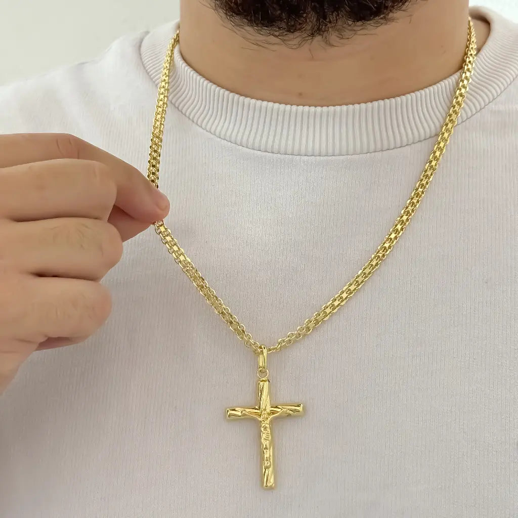 Cadena Tejido Chino Hombre Gruesa de 60cm + Cruz Cristo madero en Oro Laminado 18k con garantia de por vida