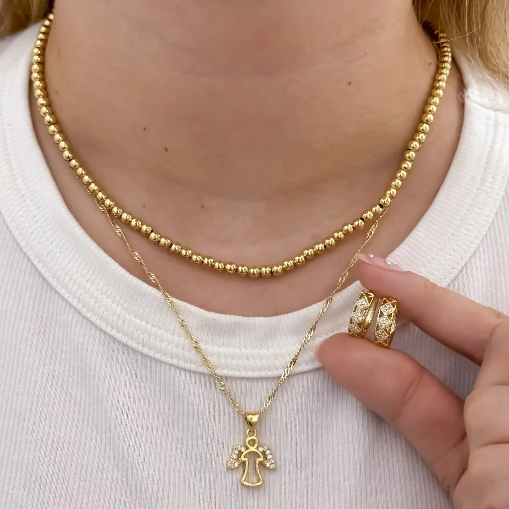 Conjunto para Dama de Cadena Militar de Dama en Choker de 40cm + Cadena Singapur de Dama de 50cm + Dije de Angel Protector  + Candongas con micro circones en Oro Laminado 18k con Garantia de por vida
