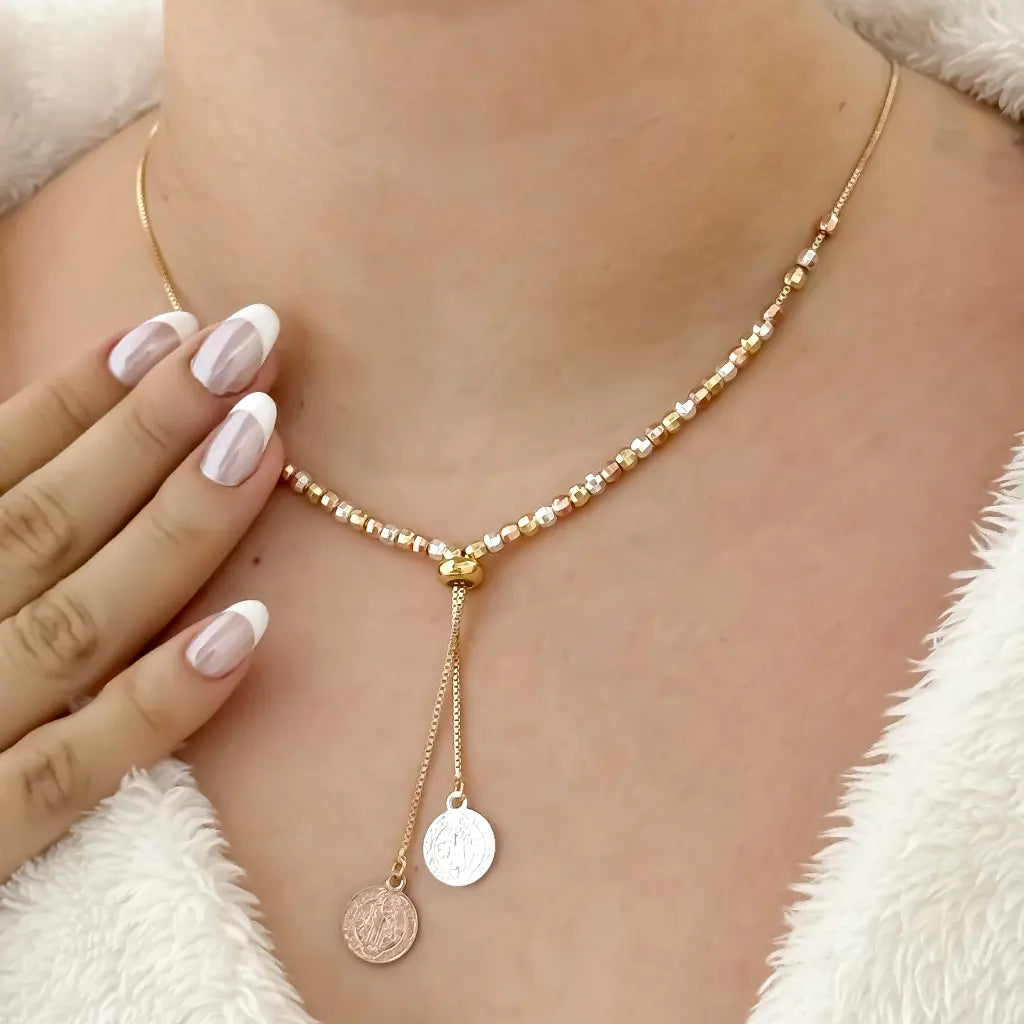 Choker de 3 Oros Balin Diamantado de San Benito Protección el Amuleto Perfecto en Baño de Oro de 14k