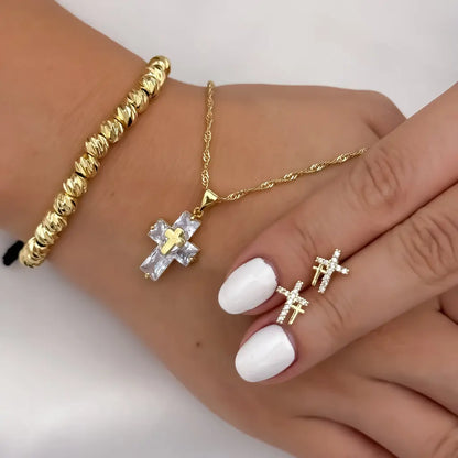 Cadena Tejido Singapur de Dama de 45cm + cruz con circones cristales +Topo Cruz + Pulsera Balin italiano de 5mm en oro Laminado 18k con Garantia de por vida