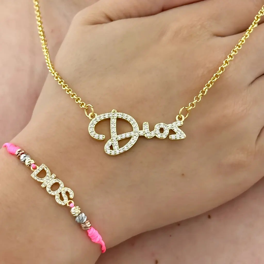 Collar  para Dama Dije de Dios + Pulsera de Dios en  Baño de Oro de 14k con Garantia de por vida