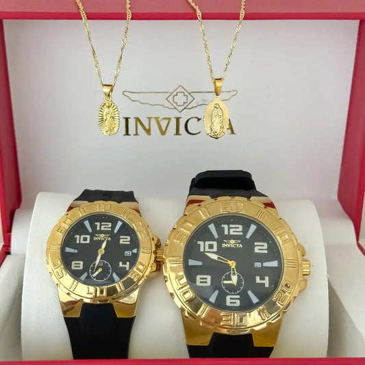 Juego de Cadena para Parejas Tejido Singapur Virgen de Guadalupe Dama de 45cm + Hombre de 60cm  + Reloj de Parejas Invicta en Oro Laminado 18k con Garantia de por vida