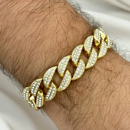 PULSERA CUBANA DIAMANTADA 20CM-18MM DE GROSOR EN ORO LAMINADO 24K CON GARANTIA DE POR VIDA