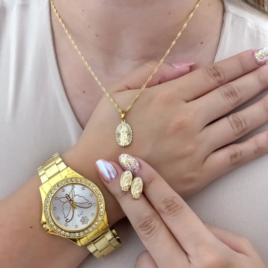 Juego de Dama Cadena Singapur + Dije de guadalupe + Topo guadalupe en oro Laminado 18k con Garantia de por vida + Reloj de  Dama Magic