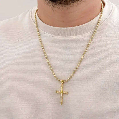 Cadena Tejido Militar de hombre de 60cm de 4.5mm de Grosor + Cruz Clavo de Micro circones Cristales  en Oro Laminado 18k con Garantia de por vida