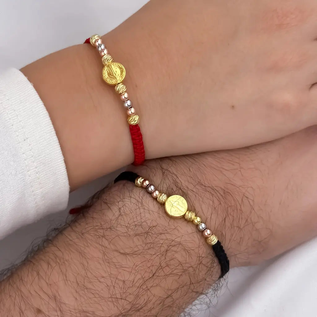 Promocion de 2 Pulseras de San Benito Protección con Balin Italiano de 6mm en Oro Laminado 18k con Garantia de por vida