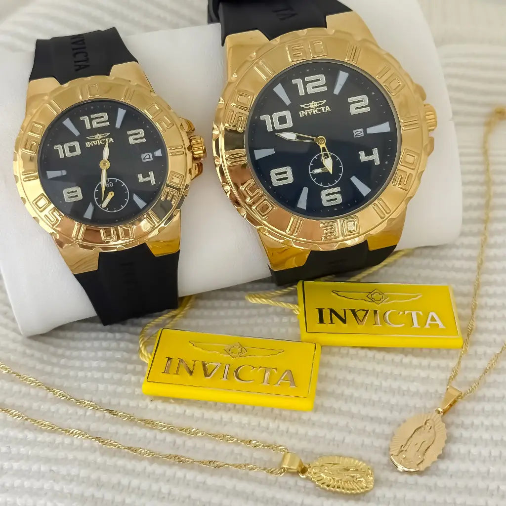Juego de Cadena para Parejas Tejido Singapur Virgen de Guadalupe Dama de 45cm + Hombre de 60cm  + Reloj de Parejas Invicta en Oro Laminado 18k con Garantia de por vida