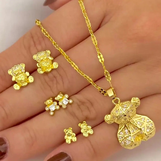 Cadena Tejido Crispeta + Dije de Oso con micro circones + Juego de Tres oso en Oro Laminado 18k con Garantia de por vida