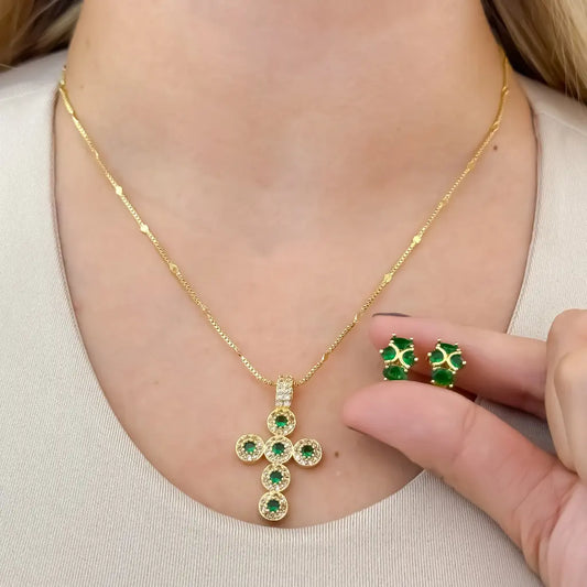 Conjunto Verde para Dama Cadena Cubana + Cruz Verde Esmeralda + Candongas verde Esmeralda en Oro Laminado 18k con Garantia de por vida