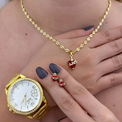Juego de Corazon de jesus + Topos de Corazon de jesus con  Cadena Tejido Gucci en Oro Laminado 18k con Garantía + Reloj de Dama de Alta Calidad