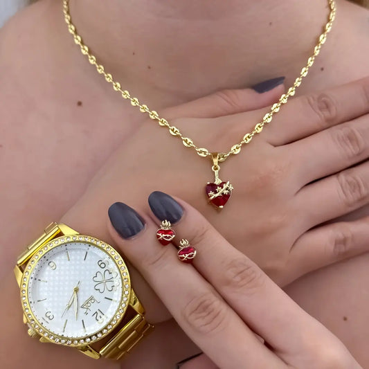 Juego de Corazon de jesus + Topos de Corazon de jesus con  Cadena Tejido Gucci en Oro Laminado 18k con Garantía + Reloj de Dama de Alta Calidad