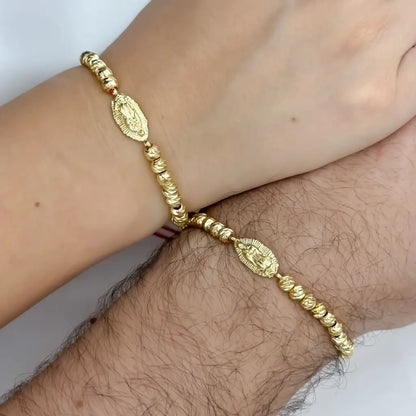 2 Pulseras para parejas con Dije de Virgen Guadalupe el Amuleto Protector de toda nuestras males Energias en Balin italiano de 6mm en oro Laminado 18k con Garantia de por vida