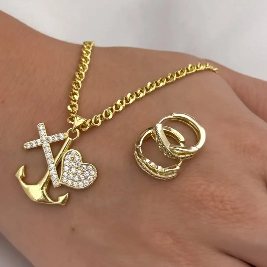 Cadena Tejido Escalera Plana de 45cm de 3mm de Grosor + Dije de las 3 Gracias + Candongas Trensada en oro Laminado 18k com Garantia de por vida