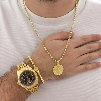 Cadena Tejido Militar Diamanatda de 60cm de 4mm de Grosor en Balin Diamantado + Dije de San Benito Protección + Pulsera Balin Italiano de San Benito en Oro Laminado 18k con Garantia de por vida + Reloj Rolex Amarillo con Garantia