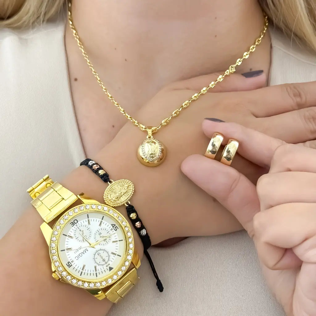Conjunto Gucci  para Dama  + Virgen Guadalupe + Pulsera Virgen Guadalupe + Candongas  Lisas + Reloj de Alta Gama