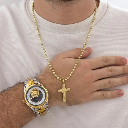 Cadena Tejido Militar Diamantada de 60cm de 4mm de Grosor + Cruz Cristo San Benito Proteccion  + Reloj Rolex de Alta Calidad con Garantia