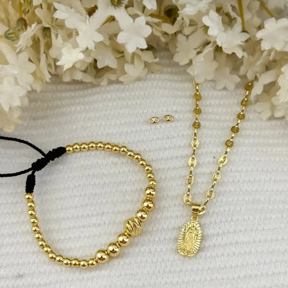 Conjunto para Dama Cadena  Tejido Gucci + Virgen Guadalupe + Topo Gucci + pulsera balin 4mm en Oro laminado 18k con Garantia de por vida