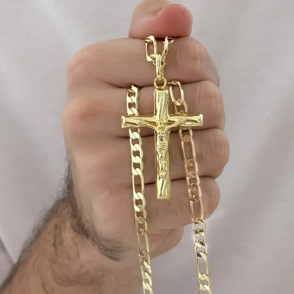 Cadena Tejido Catier Gruesa de Hombre de 60cm de 5mm de Grosor + Cristo madero de Proteccion en Oro laminado 18k con Garantia de por vida