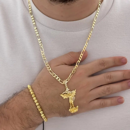 Cadena Tejido Catier de 60cm de 5mm de Grosor + San Miguel Arcángel Protección + Pulseras full balines de 5mm de Grosor en  Oro Laminado 18k con Garantia de por vida