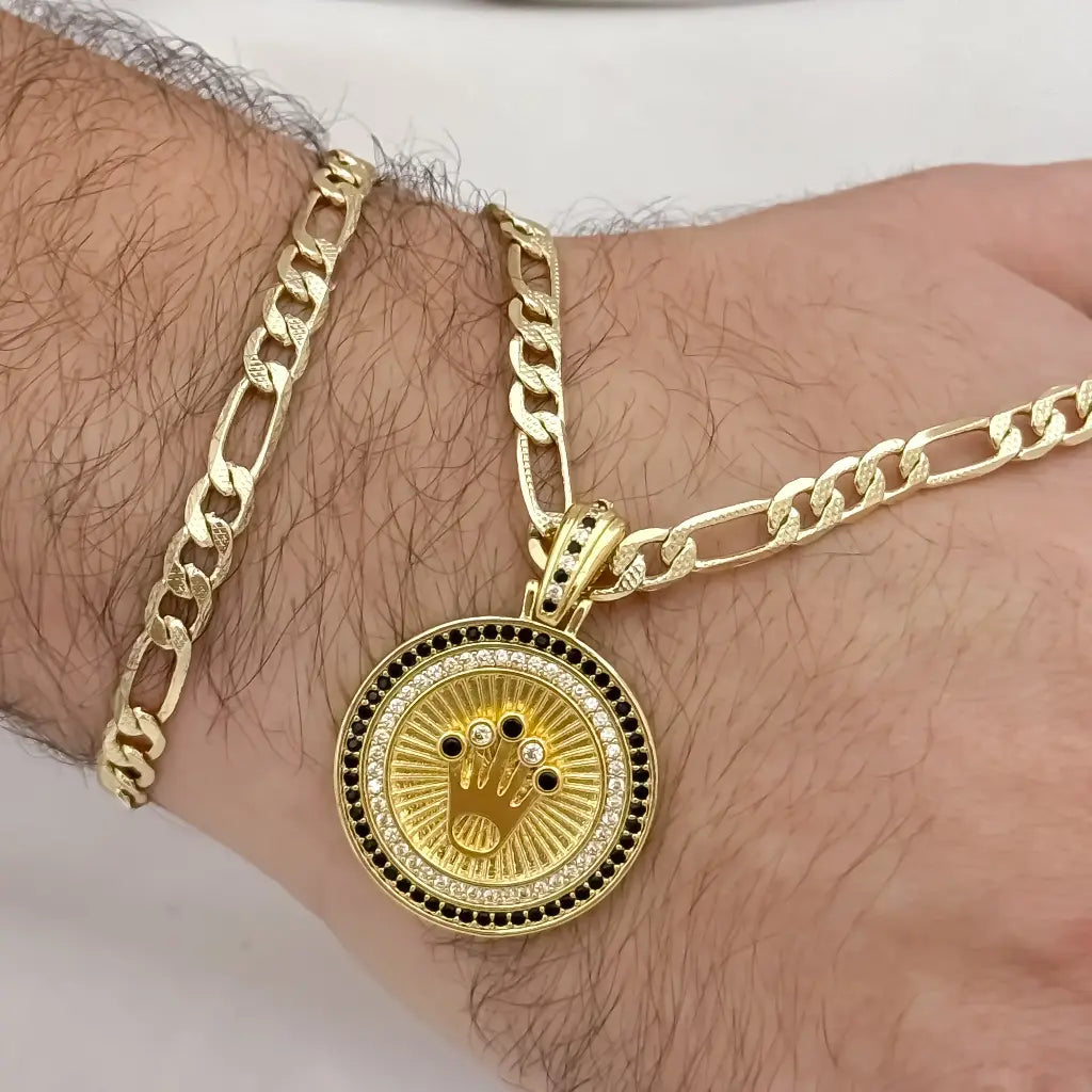 Conjunto Para hombre en Cadena tejido Catier de 60cm de 5mm de Grosor + Dije de Corona con micro circones Verde + Pulseras de 20cm de 5mm de Grosor en Oro  Laminado 18k con Garantia de por vida