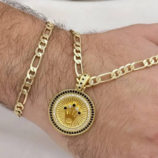 Conjunto Para hombre en Cadena tejido Catier de 60cm de 5mm de Grosor + Dije de Corona con micro circones Verde + Pulseras de 20cm de 5mm de Grosor en Oro  Laminado 18k con Garantia de por vida