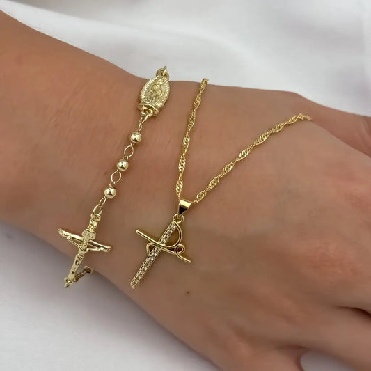 Cadena Tejido Singapur de Dama de 45cm + Dije de Fe Esperanza + Denarios de ´Proteccion de Virgen de Guadalupe en Oro Laminado 18k con Garantía de por vida