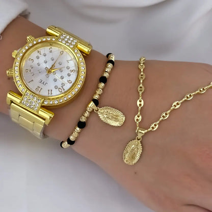 Cadena Tejido Gucci de Dama de 45cm de 3mm de Grosor + Virgen de Guadalupe Tallada + Pulsera  Virgen de Guadalupe en Oro Laminado 18k con Garantia de por vida  + Reloj de Dama de alta calidad