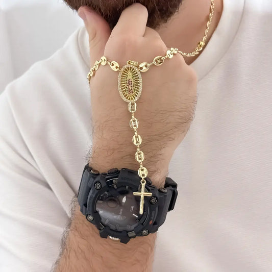 Camandula de Virgen Guadalupe Tejido Gucci de 60cm de 5mm de Grosor en Oro Laminado + Reloj de Alta calidad con garantia