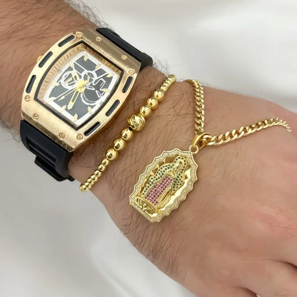 Conjunto de Cadena Cubana + Virgen Guadalupe + Pulsera Full Balines en Oro Laminado 18k con  Garantia de por vida  + Reloj Richar Mille