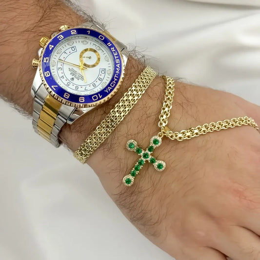 Juego para Caballero de Cadena Tejido Chino 60cm + Cristo verde Esmeralda + Pulsera  Tejido Chino + Reloj Rolex De Bisel Azul