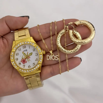 Cadena Tejido Singapur de Dama de 45cm + Dije de Dios Protección + Candongas Tubular Tallada en oro Laminado 18k + Reloj de Dama JYE de Alta Calidad