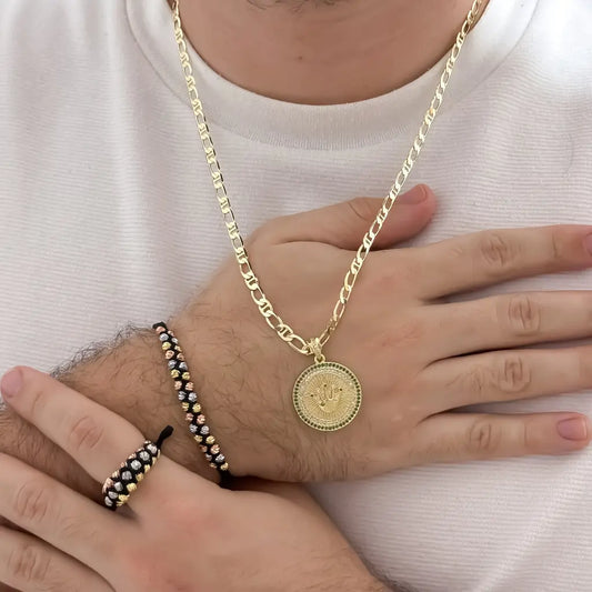 Conjunto Cadena Tejido 1 X 1 de Hombre de 5mm de Grosor + Rolex corona Rolex Verde + Juego Pulseras Doble de Balin Italiuano de 3 oros + Anillos Tejido en oro Laminado 18k con Garantia de por vida