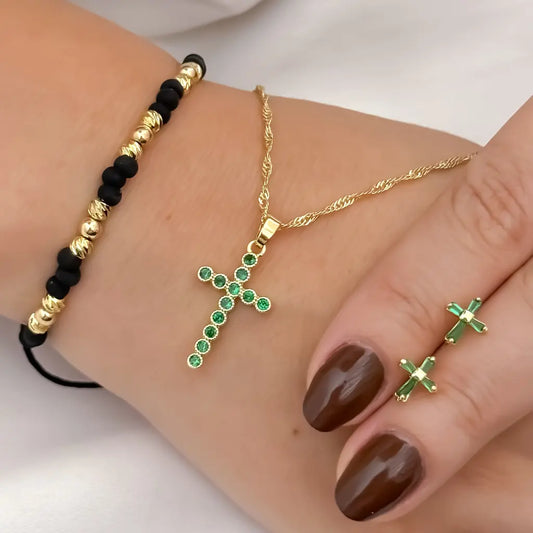Conjunto Cruz Verde Esmeralda para Dama Cadena Singapur + cruz verde Esmeralda + Topo Cruz Verde Esmeralda + Pulsera Balin Italiano de 4mm en Oro Laminado 18k con Garantia de por vida