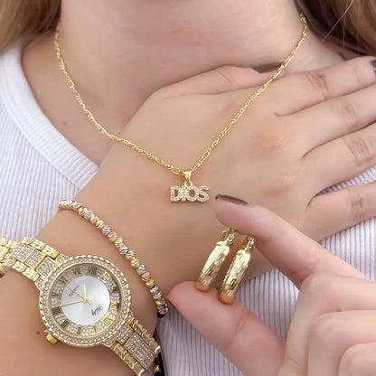 Cadena Tejido Catier de Dama de 45cm + Dije de Dios + Candongas Medina Lisas + Pulsera de 4mm Balin Italaino en Oro Laminado 18k  + Reloj Hifter con micro circones con Garantia