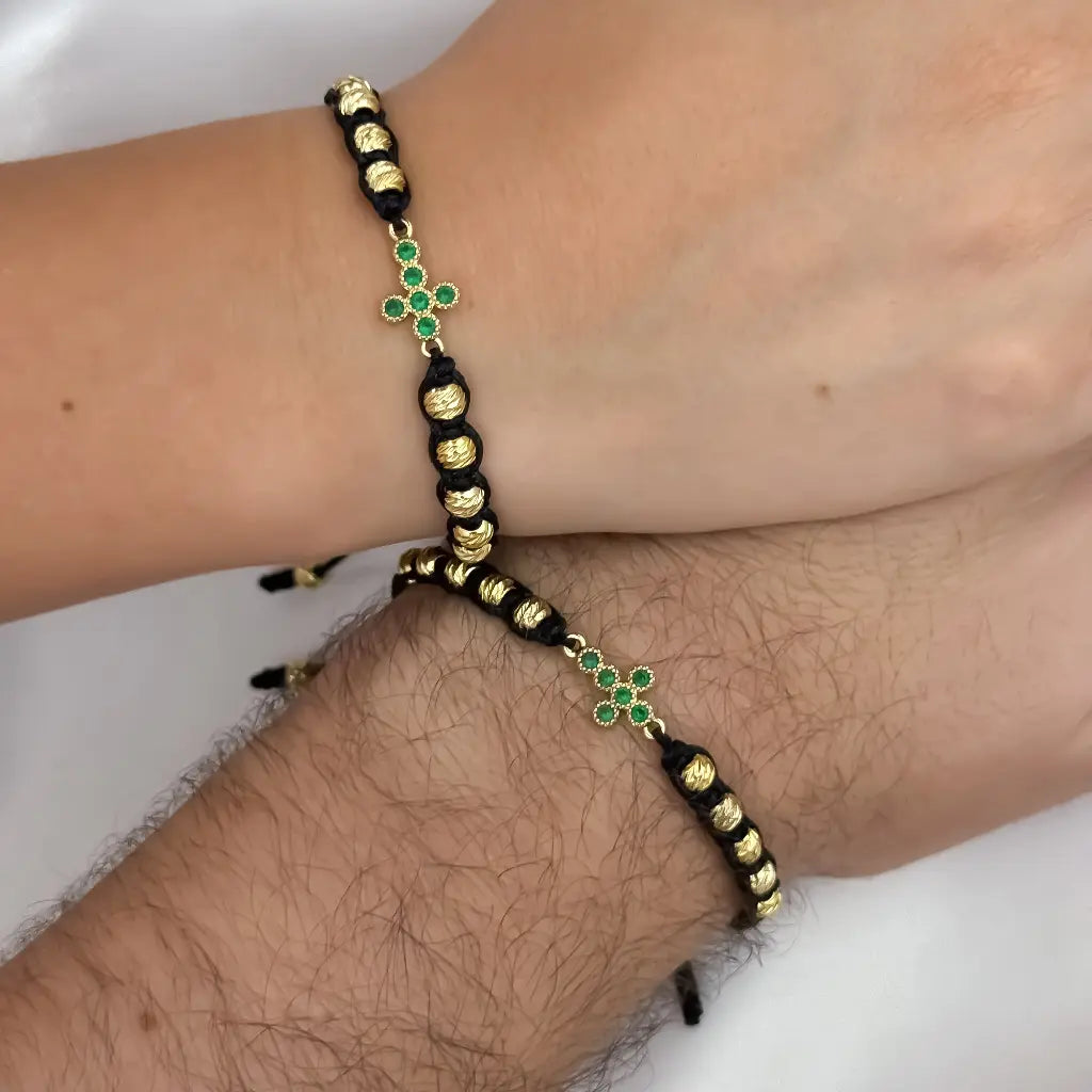 Promocion de Pulseras Para Parejas en Balin Italiano en cruz verde esmeralda en Oro laminado 18k con Garantia de por vida
