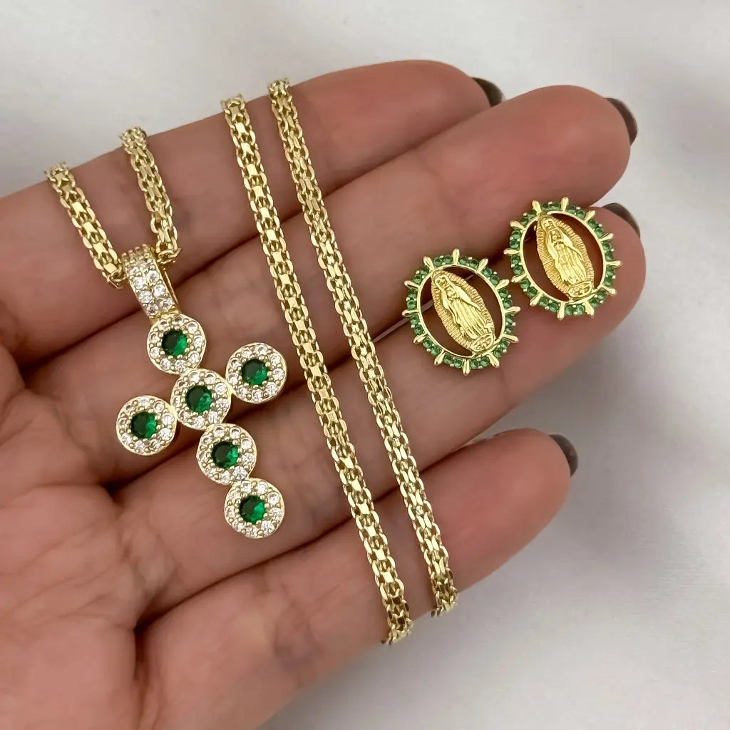 Cadena Tejido Chino de Dama de 45cm de 3mm de Grosor + Cruz Verde Esmeralda + Topos de Virgen de Guadalupe circones verde en Oro Laminado 18k