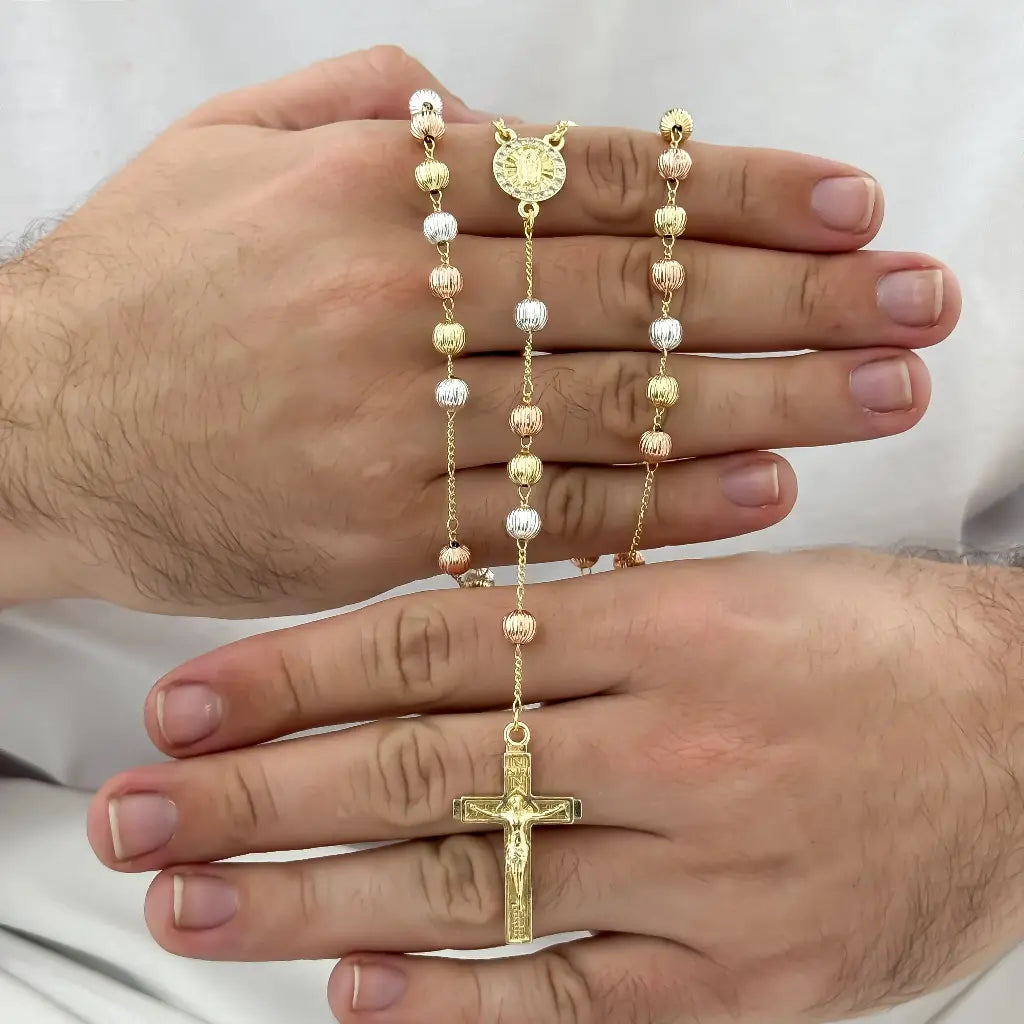 CAMANDULA DE 3 OROS BALIN ITALAINO DE 8MM DE GROSOR EN ORO LAMINADO 18K CON GARANTIA