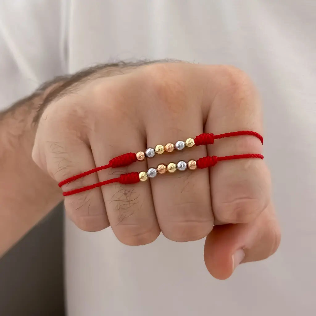 2 Hilos de Amor en Hilos Rojos en Balin 4mm  en Oro Laminado 18k de 3 oros Amarillo Rosado Gris con Garantia de por vida